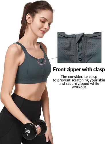 Vista 4 de Yvette Sujetadores deportivos ajustables para mujer de alto impacto, brasier deportivo con cremallera frontal, talla grande para correr y entrenar