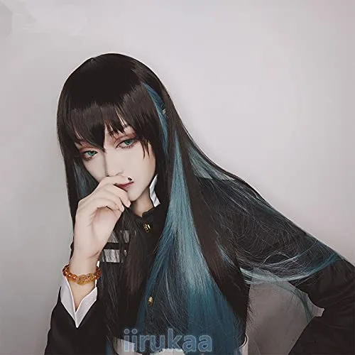 Vista 7 de iirukaa Tokitou Muichirou - Peluca de cosplay larga y recta para Demon Slaye Anime Kimetsu no Yaiba, personajes de Halloween, pelucas de cosplay