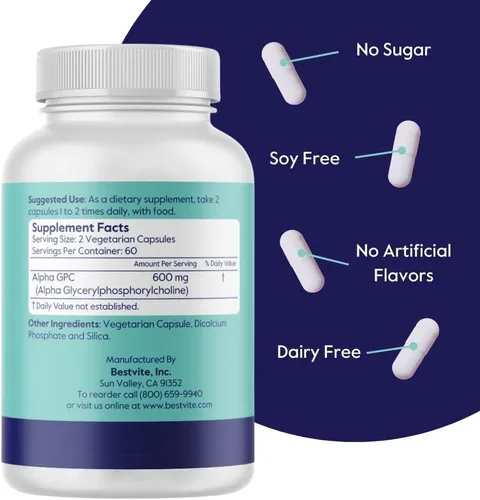 Vista 3 de BESTVITE Alpha GPC Colina 600 mg por porción (120 cápsulas vegetales) - Sin estearatos - Vegano - Sin OMG - Sin gluten