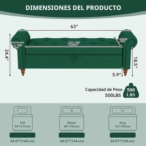 Vista 2 de NIOIIKIT Banco Otomano de Almacenamiento de 63'', Banco de Entrada con Botones Capitoné al Final de la Cama, Banco Largo de Otomán con Brazos