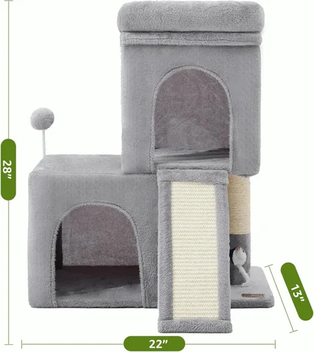 Vista 7 de Woochpet Árbol para gatos de 24 pulgadas de alto con 2 condominios para gatos y juguete de ratón, acogedora torre pequeña para gatos con poste