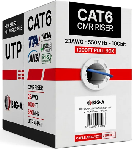 Vista 12 de Big-A Cable Ethernet Cat 6 de 1000 pies, negro, cable Cat6 a granel, elevador UTP CMR sólido de 23 AWG, cable LAN de Internet de red de 550 MHz