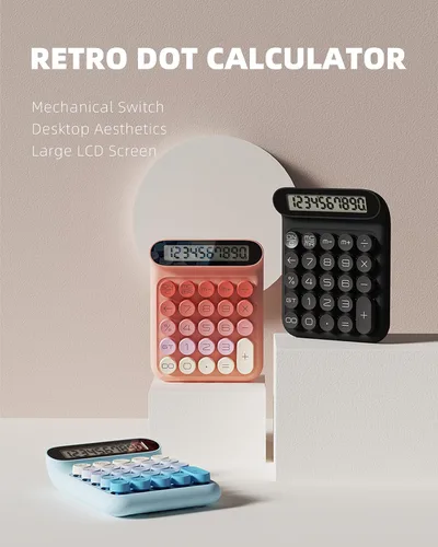 Vista 2 de Calculadora de interruptor mecánico, JS05, calculadora básica de escritorio de 10 dígitos para oficina, escuela, hogar, uso comercial (rosa)