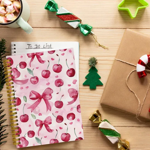 Vista 3 de Cuadernos de diario con lazos rosas de moda y cerezo, cuaderno en espiral preppy, lindo cuaderno de diario para niñas, suministros de oficina rosas