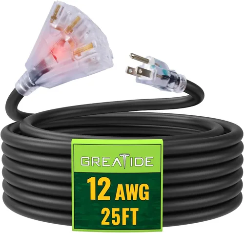 Vista 15 de Cable de extensión iluminado para exteriores de 6 pies con 3 tomas de corriente eléctrica - Cable de extensión negro resistente SJTW 12/3