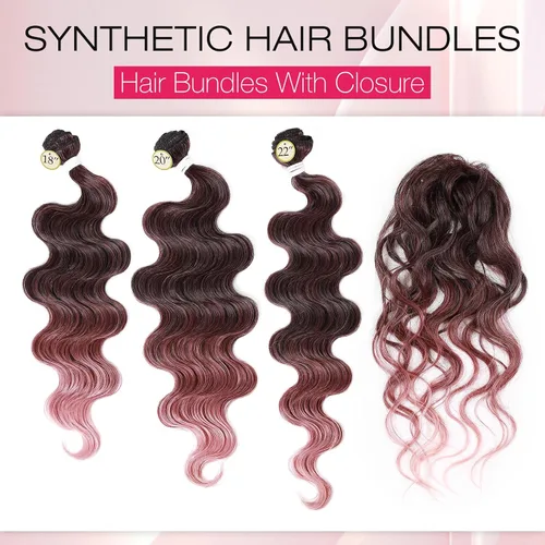 Vista 2 de HANNE Paquetes de cabello castaño mezclado con extensiones de cabello ondulado con cierre Sintético 18 "20" 22" con cierre de encaje, resistente