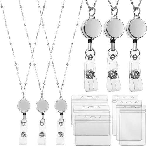 Vista 8 de Zonon Cordón Retráctil con Portaidentificación 3 Piezas Collar de Insignia con Cuentas con 6 Portarjetas Impermeables de Acero Inoxidable ID Negro