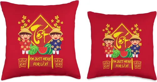 Vista 3 de Kids Funny Meaningful Vietnamese New Year Phrases I'm Just Here for Li Xi Almohada vietnamita para niños de Año Nuevo lunar 2022, 16 x 16