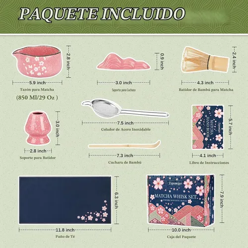 Vista 3 de Juego de Batidores de Matcha, 7 Piezas Juegos de Matcha de Cerámica con Cuenco, Batidor de Bambú y Soporte, Toalla, Tamiz, Cuchara de Bambú