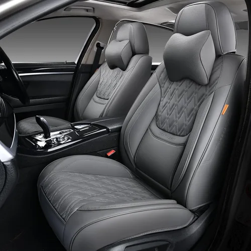 Vista 15 de Fundas de asiento delantero de automóvil, par de fundas de asiento delantero de cuero transpirable con reposacabezas, funda universal de asiento