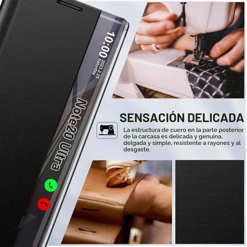 Vista 3 de Funda de cuero transparente para Samsung Galaxy Note 20 Ultra 5G para Samsung Note 20 Ultra, espejo delgado, PC duro, función atril de lujo, a Negro