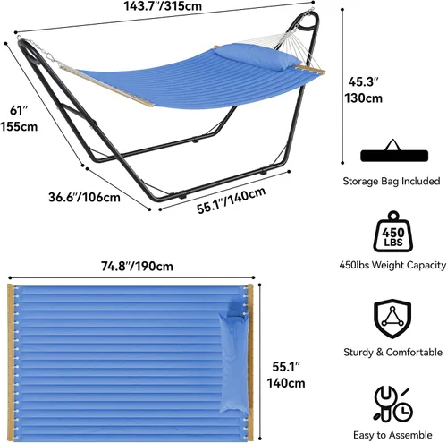 Vista 2 de YITAHOME Hamaca con soporte incluido, hamaca resistente, hamaca portátil impermeable de 12 pies con bolsas de almacenamiento de almohada, 450 libras