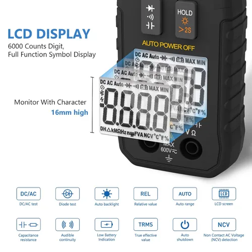 Vista 4 de Abrazadera digital 6000 cuentas, multímetro TRMS de rango automático mide voltaje CA/CC, resistencia, capacitancia, continuidad, diodo, NCV