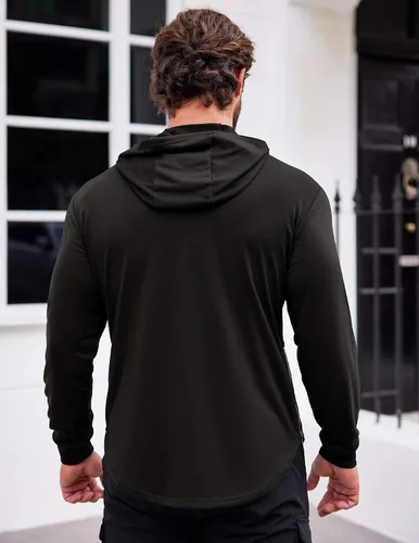 Vista 3 de COOFANDY Sudadera con capucha de entrenamiento de moda para hombre, ajuste muscular, mezcla de algodón, sudaderas de gimnasio de color sólido
