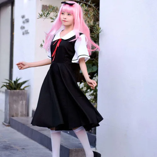 Vista 5 de Kaguya Sama Love is War Shinomiya Chika Disfraz de cosplay negro uniforme con peluca