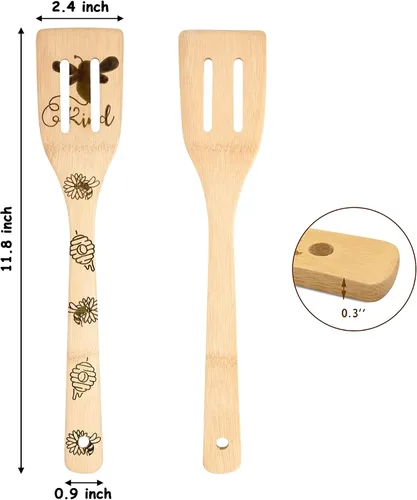 Vista 3 de Eartim Juego de espátulas de madera de abeja, 5 piezas de utensilios de cocina con temática de abeja, antiadherente natural, tallado, cuchara