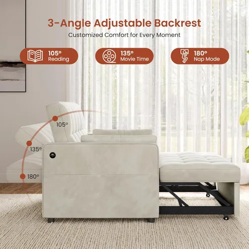 Vista 6 de Yaheetech Sofá cama convertible 3 en 1, sofá cama plegable de terciopelo con respaldo ajustable, almohadas para reposabrazos, puertos USB, bolsillos