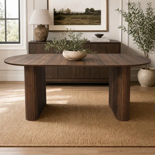 Vista 12 de Mesa de comedor ovalada extensible, mesa de cocina moderna de madera con parte superior de MDF y patas de pedestal dobles, mesa de 59.06 a 90.55