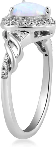 Vista 3 de Jewelili Anillo de promesa de plata de ley de 0.276in con diseño de ópalo y corazón de zafiro blanco creado redondo, Metal, Ópalo creado