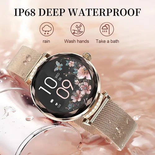 Vista 2 de Reloj inteligente para mujer Android/iOS, IP68, impermeable, con llamadas Bluetooth, recordatorio menstrual femenino (2 correas doradas)