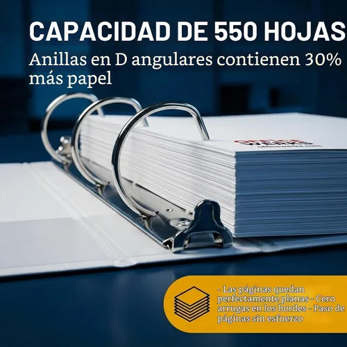 Vista 5 de Carpeta de 3 aros, aros inclinados con forma en D, portada con bolsa transparente.
