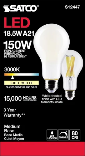 Vista 3 de Satco Lámpara de repuesto LED de base media E26 de 18.5 W, 3000 K, 5.2 pulgadas de largo y 2.76 pulgadas de ancho