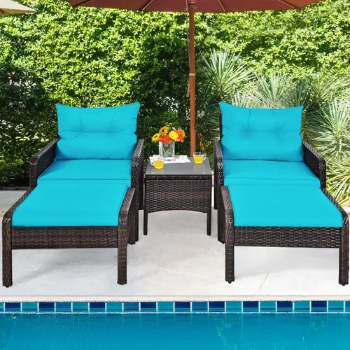 Vista 11 de Juego de muebles de mimbre para patio, juego de conversación de mimbre modular para exteriores con 2 otomanas y mesa de centro de vidrio templado