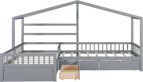 Vista 5 de Harper & Bright Designs Cama de plataforma de casa con cajones de almacenamiento y techo, marco de cama de madera tamaño individual con valla