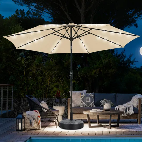 Vista 16 de Sombrilla solar de patio de 10 pies con base, 32 luces LED, sombrilla de mercado al aire libre con botón de inclinación y grietas para jardín Azul