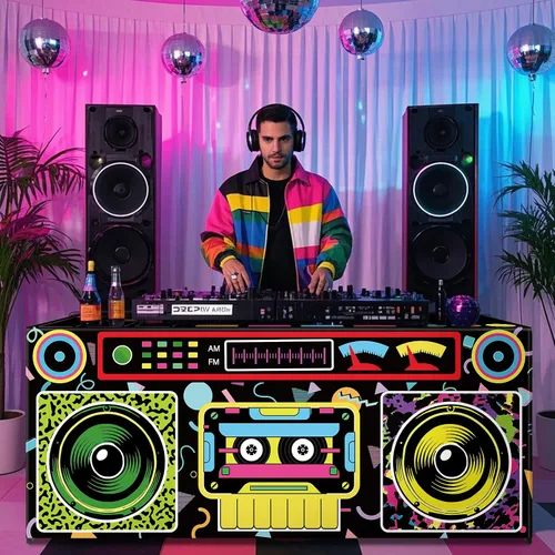 Vista 4 de Mantel temático de 6 pies, 80 y 90, decoración de fiesta de cumpleaños, funda de mesa clásica de radio Boombox, tela lavable, de poliéster, hip hop