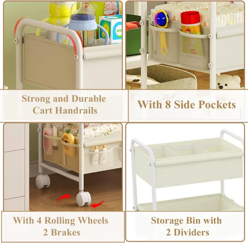 Vista 6 de Carrito organizador de pañales de 3 niveles para bebé, carritos de almacenamiento móviles con ruedas, con 2 divisores y 14 bolsillos de malla