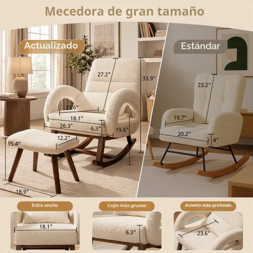 Vista 4 de COMHOMA Mecedora para guardería con otomana, mecedora tapizada Beige