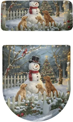 Vista 5 de Juego de decoración de baño de 2 piezas con diseño de muñeco de nieve de Navidad, cubierta de tanque para asiento de inodoro