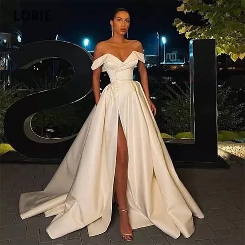 Vista 3 de Jorshiman Vestido de fiesta de satén con hombros descubiertos y cuello en V para mujer, vestido largo de fiesta de noche, vestido de baile