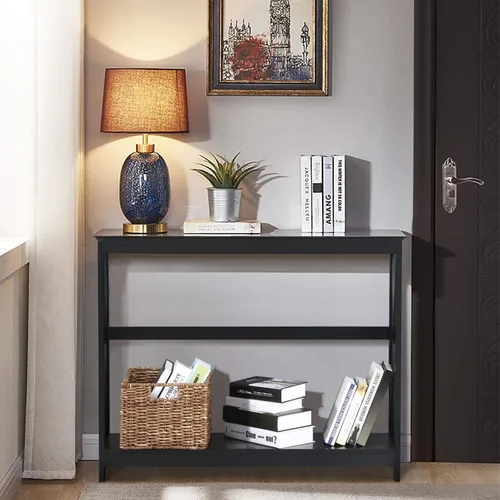 Vista 7 de Yaheetech 2 hileras X Diseño Pasillo Grande mesa consola para entrada con estante de almacenamiento, mueble para sala de entrada (Negro)