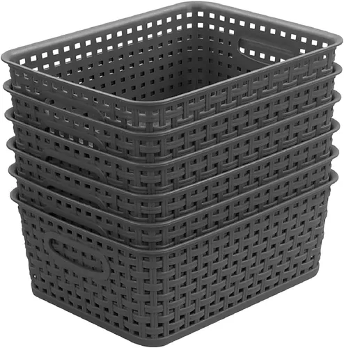 Vista 10 de Cestas de almacenamiento tejidas de plástico negro, paquete de 6 cestas de tejido organizador para cocina, oficina, baño