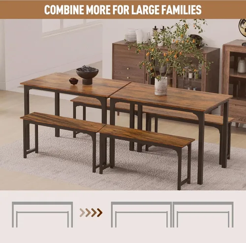 Vista 7 de NAFORT Juego de mesa de comedor para 4, mesa de cocina de 3 piezas con 2 bancos, mesa de comedor de 43.5 pulgadas que ahorra espacio con marco