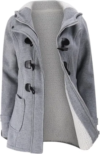 Vista 6 de JiangWu - Chaqueta cálida de invierno con capucha y forro de vellón, botones tipo cuerno, para mujer Negro