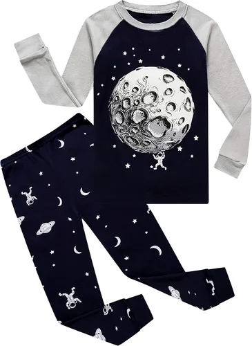 Vista 4 de Family Feeling - Conjunto de pijama para niños pequeños, 100% algodón, manga larga Negro/Esqueleto/Golw-in-the-dark
