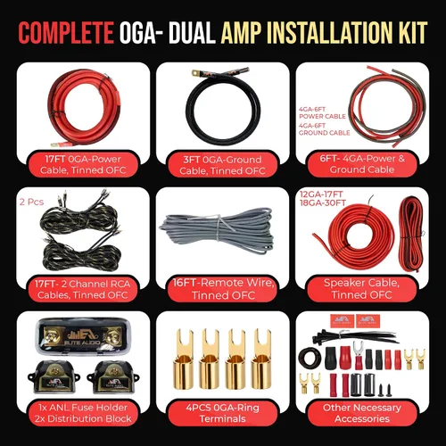 Vista 4 de Elite Audio Kit de cableado de amplificador dual calibre 0, kit de instalación de amplificador OFC de 5000 W para 2 amplificadores - EA-PROK0-DUAL