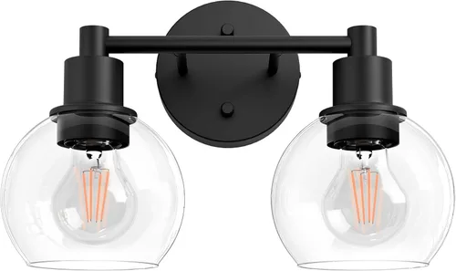 Vista 9 de 2 lámparas de baño, luces de tocador negras, luces de tocador de baño de granja, 2 luces, globo negro mate, accesorio de iluminación sobre espejo