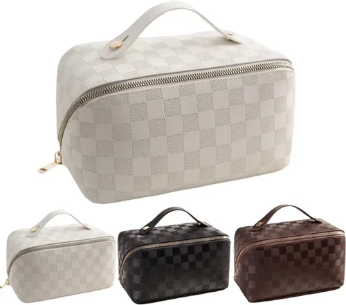 Vista 21 de Bolsas de maquillaje a cuadros de gran capacidad, bolsas de cosméticos portátiles de viaje, bolsa de aseo abierta y plana para mujeres y niñas