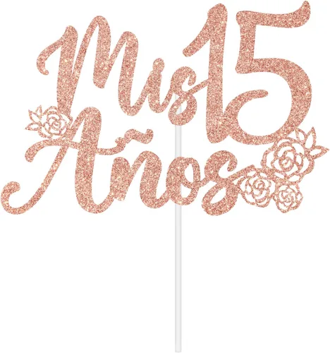 Vista 2 de Decoración para tartas Mis 15 años con purpurina de oro rosa, feliz 15 años, feliz 15 años, decoración de fiesta de cumpleaños con temática