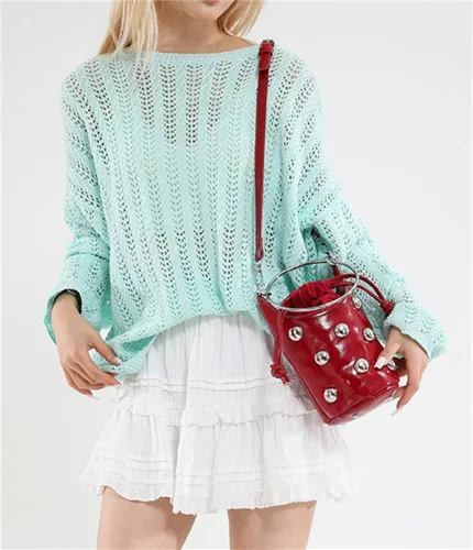Vista 8 de Bolso de mano con asa superior para mujer, bolso Y2K, moderno remache, bolso cruzado estilo cubo, bolso retro para fiestas, compras, casual