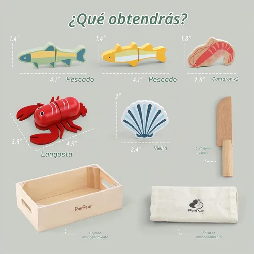 Vista 3 de PairPear - Juego de mariscos de madera para cortar alimentos para niños Toddlers Wooden Toy Food Pretend Play Kitchen Accessories, Cutting Food