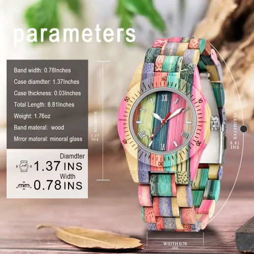 Vista 3 de Tiong Reloj de madera para mujer con correa de madera, cuarzo analógico, diseño clásico, colorido reloj de pulsera de bambú para damas, parejas..