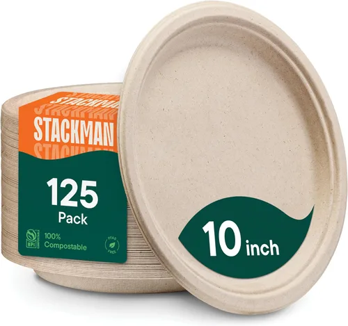Vista 9 de Platos de papel desechables 100% compostables, 3 compartimentos, [125 unidades] - {Sin PFAS} - {Certificado BPA} - [10 pulgadas] Bandejas