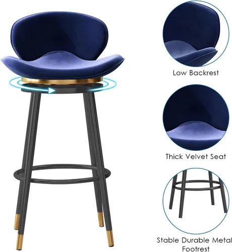 Vista 5 de Taburete de bar moderno con Patas de Metal Negro, giratorio de 360 grados, cómodo y tapizado, ideal para el hogar, bar, cocina, isla, comedor o Pub