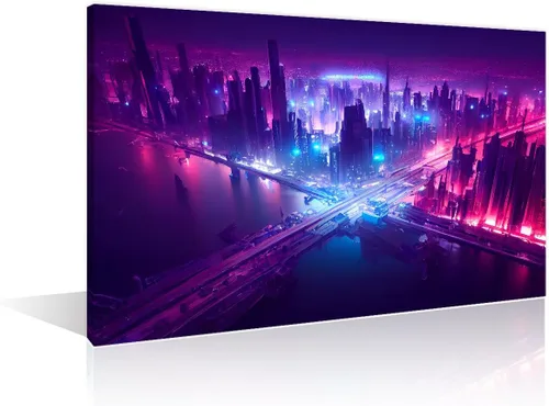 Vista 8 de 1 panel de cuadros de la ciudad de Cyberpunk, arte de pared, representación de vallas publicitarias, edificios modernos en la capital con obras