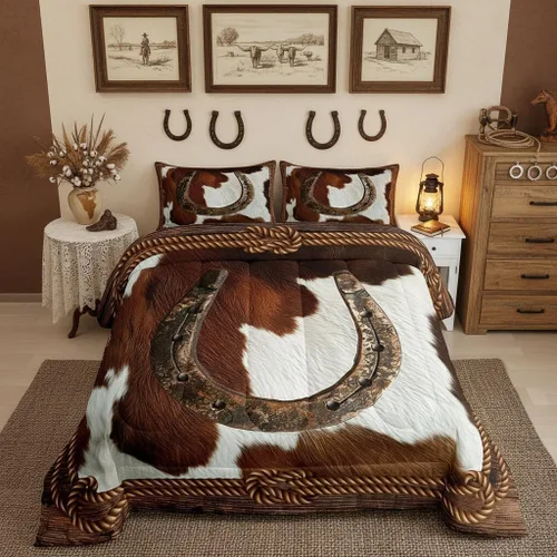 Vista 22 de Juego de edredón de calavera de vaca para niños, tamaño individual, juego de ropa de cama de herraduras de vaquero occidental, Texas Star